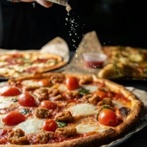 Close-up of a freshly baked pizza with cherry tomatoes, mozzarella, and herbs being sprinkled by hand.